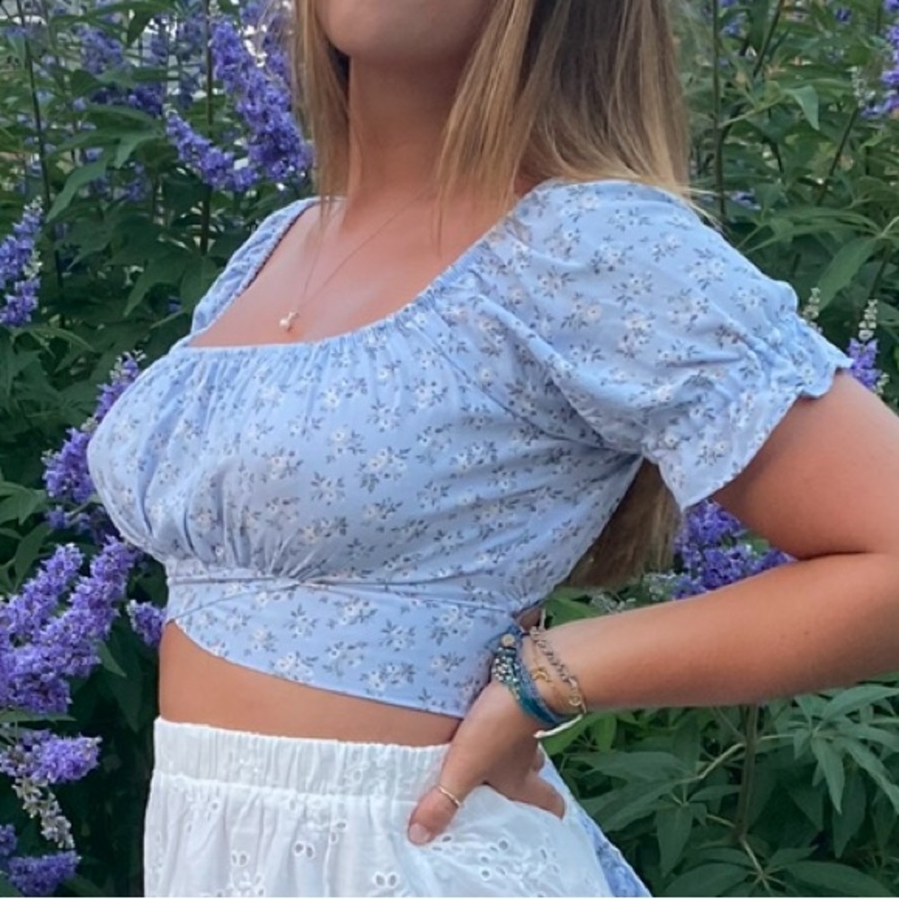 Hollister Blue and White Floral Wrap Top